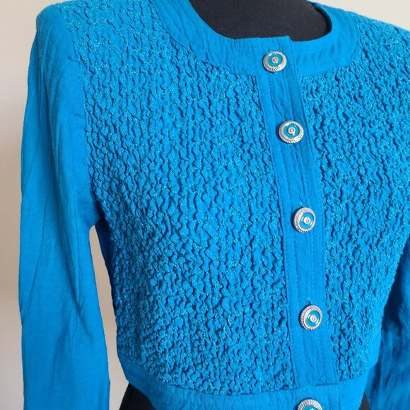 Vtg 80s D. Frank Electric Blue Cropped Jacket Women’s Size 4  Smocked Front USA - Picture 3 of 9